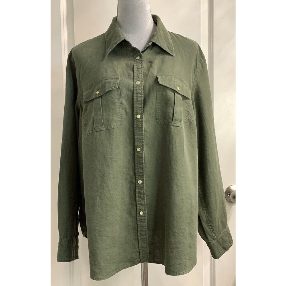 Ralph Lauren 100% Linen 2XL XXL Button Up Top Long Sleeve Green Lagenlook